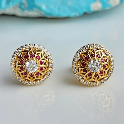 Ruby Sapphire Cluster 1/2'' Earrings 925 Sterling Silver - Image 1 of 4