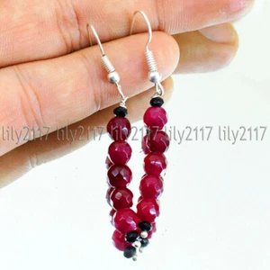 Faceted 6mm Natural Red Garnet Gemstone Round Beads Silver Hook Dangle Earrings - Picture 1 of 4