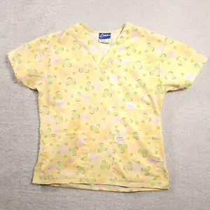 Crest Womens Small Scrub Top Colorful Hearts V Neck Pockets Yellow Ladies - Picture 1 of 11