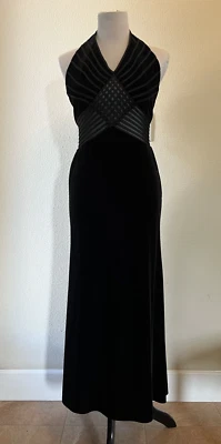 Vntg 90 年代 Tadashi Shoji 长吊带连衣裙女式黑色天鹅绒露背 PXS 美国 — 第 1/4 张图片