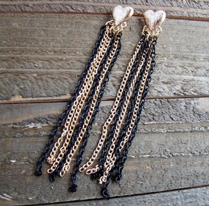 Pendientes largos de 4" colgantes cadena negra y dorada borla joyería de moda corazón - Imagen 1 de 2