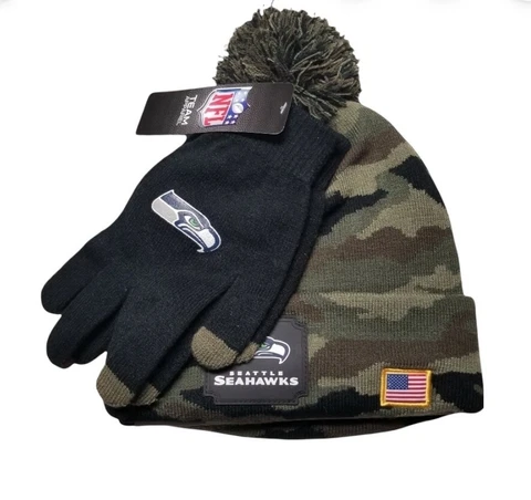 Seattle Seahawks NFL Salute to Service Beanie Winter Hat & Gloves Green Black Cover