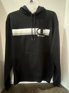 Champion Hoodie Mens Size M, Pullover Sweatshirt Striped Cream Black Spellout - Picture 1 of 6
