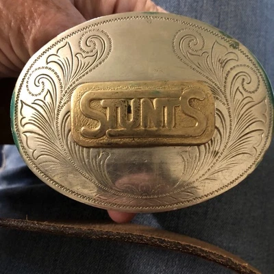 "Cinturón de cuero 34"" con hebilla plateada alemana Stuntmen de colección Hollywood Stuntmens" Foto 1 de 4