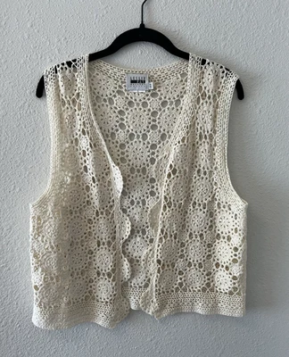 Chaleco de ganchillo vintage años 90 para mujer 6 tejido abierto frente abierto beige boho cottagecore Foto 1 de 4
