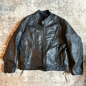 Vintage schwarz Leder gepanzert Netz gefüttert Motorrad Jacke schwere Seitenschnürsenkel XL - Bild 1 von 9