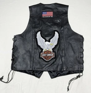Women’s Motorcycle Vest Genuine Leather Size 42 Small Patched Harley Davidson - Picture 1 of 9