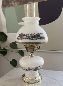 VINTAGE CURRIER & IVES MILK GLASS HURRICANE LAMP FARM SCENE ELECTRIC - Picture 1 of 17
