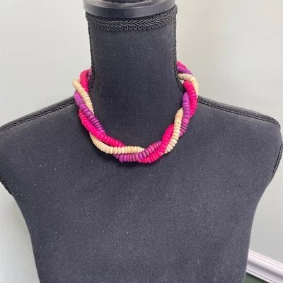 80s Boho Necklace Beaded Wood Twisted Strand Pink Purple Beige Colorful Bold - Image 1 of 4