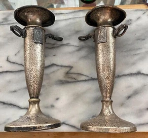 Vintage Art Deco Nouveau Hammered Silver Craft Dragon Handle Lady Candle Holders - Picture 1 of 24