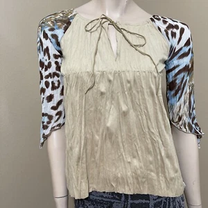 Women’s Beige Multicolour Polyester Casual Stretch Tied Sheer Size M Blouse Top - Picture 1 of 18