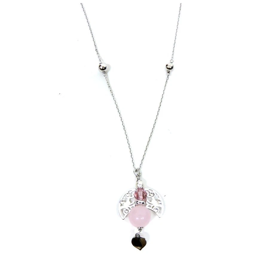 Collana cm 60 in Argento 925 con Ciondolo Cherubino con Zirconi e Pietre Rosa  - Immagine 1 di 1
