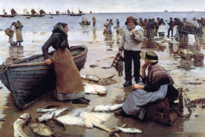 VENTA DE PESCADO EN UNA PINTURA IRLANDESA DE PLAYA DE CORNISH POR STANHOPE FORBES REPRO Foto 1 de 3