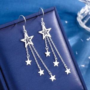 925 Sterling Silver Triple Star Drop Dangle Hook Earrings Women Jewellery Gift - Picture 1 of 5