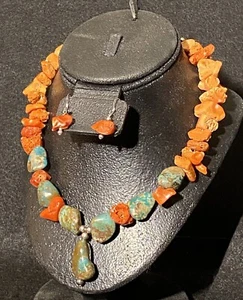 Royston Color Turquoise Natural Red Coral Beaded Silver Necklace & Earring Set - Picture 1 of 22