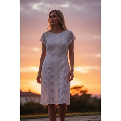 Vestido Rafaella Blanco Encaje 12 Elegante Fiesta Cóctel Midi Carrera Manga Corta # Foto 1 de 4