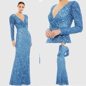 Abito Mac Duggal Puff Spalla Paillettes Surplice Maxi Abito Blu Francese DIFETTOSO - Foto 1 di 17