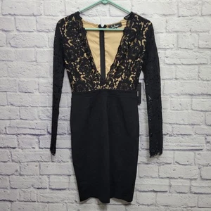 NWT Lulus Swooner or Later Black Plunge Neck Dress Size S Lace Long Sleeve - Picture 1 of 10