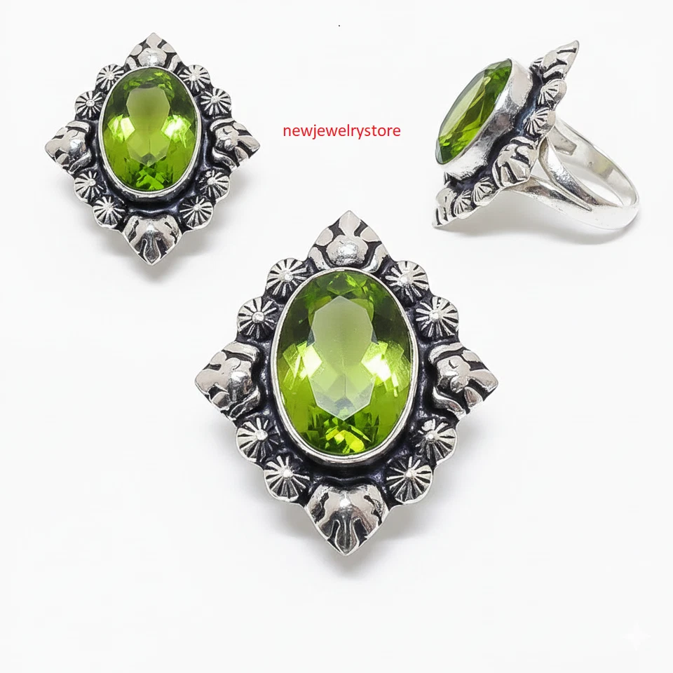 Green Peridot Gemstone 925 Sterling Silver Jewelry All Size Ring For Gift - Image 1 of 1