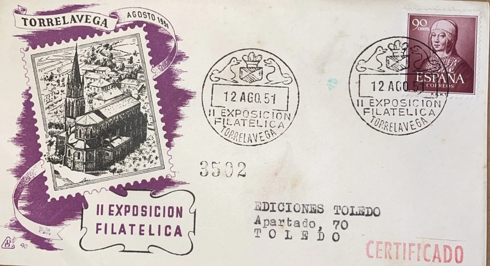 Sobre Certificado II Exposición Filatélica Torrelavega matasello especial  - Imagen 1 de 1