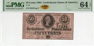 T-72 PF-1 1864 $0.50 Confederate Paper Money - PMG Choice Unc 64 EPQ - CHOICE! - Picture 1 of 2