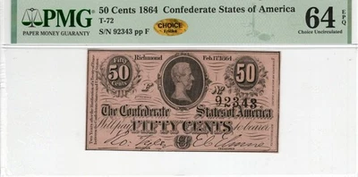T-72 PF-1 1864 $0.50 Confederate Paper Money - PMG Choice Unc 64 EPQ - CHOICE! - Image 1 of 2