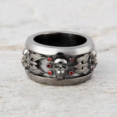 Dark Angel Wings and Skull Wedding Band For Mens Skull Bikers Ring Gun Metal Fn - Image 1 of 4