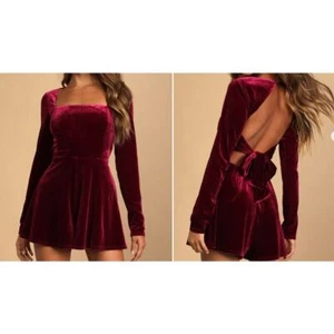 NWT LULUS Feeling Cheery Burgundy Velvet Long Sleeve Romper Whimsygoth Size L - Picture 1 of 7