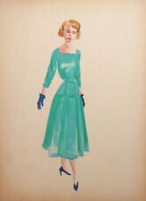 Vintage retro female costume design gouache drawing