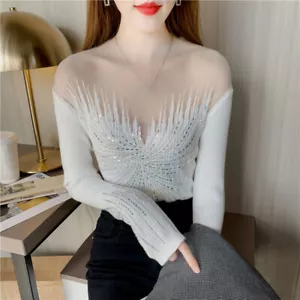 Lady Rhinestone Crystal Knitwear Sheer Mesh Splice Slim Sweater Jumper Retro Top - Picture 1 of 13