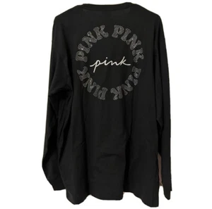 VS VICTORIAS SECRET PINK CAMPUS LONG SLEEVE TEE TOP PURE BLACK SHINE LOGO XXL - Picture 1 of 4