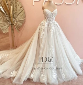 Effortless Lace Wedding Dress Ball Gown Custom made 2-28W Illusion Corset Ivory - Picture 1 of 8