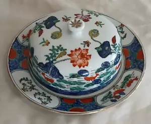 Raro piatto burro rotondo in porcellana cinese Koi Fish coperto 5,77" vintage - Foto 1 di 24
