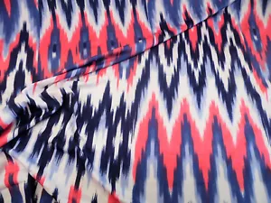 Discount Fabric Printed Spandex 4 way Stretch Ikat Chevron Navy Coral White B406 - Picture 1 of 1