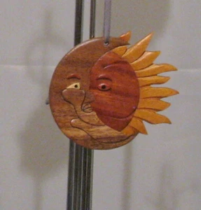 NATURAL COLOR HARDWOOD CARVED INTARSIA WOOD ORNAMENT SUN MOON ECLIPSE CELESTIAL - Picture 1 of 1