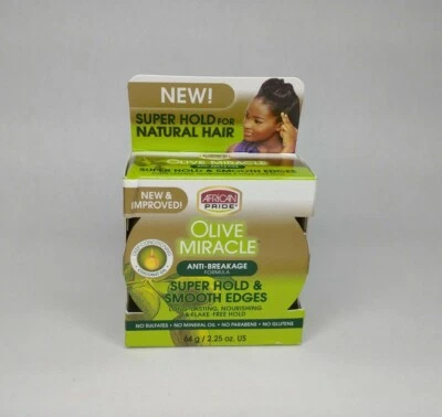 African Pride Olive Miracle Super Hold bordes suaves acondicionamiento profundo 2,25 oz Foto 1 de 4