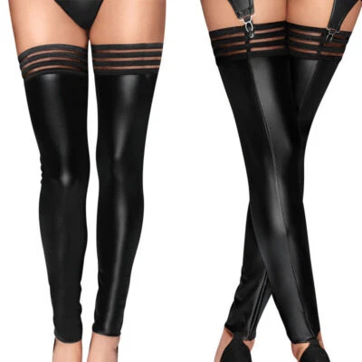 Sexy hohe Damenstrümpfe ohne Fuß PU Leder Wetlook Overknee Socken Clubwear - Bild 1 von 4