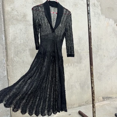 Vintage 1930s Black Hand Knit Wool Dress Fitted Scalloped Hem Sweater Dress - Image 1 of 4