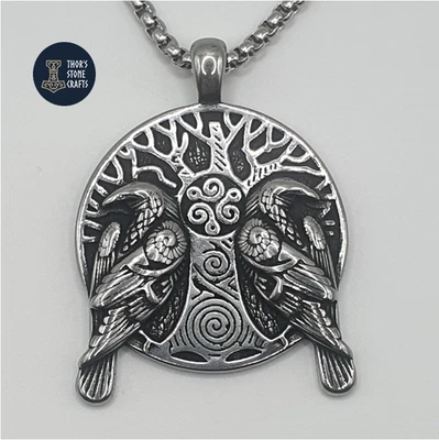 Viking Odin's Ravens Pendant Necklace Stainless Steel Norse Tree of Life - Image 1 of 4