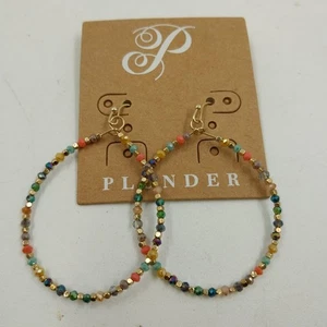 Plunder Gold Tone Chain Multicolor Faceted Beaded & Cube Gold Hoop Earrings 1.5" - Picture 1 of 4