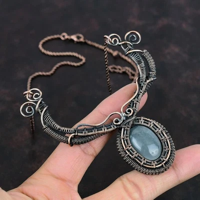 Collar de cadena envuelto en alambre de piedra aguamarina venta día de las hijas joyería cobre Foto 1 de 4