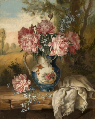 Peonías en jarrón astillado | Bodegón rústico | Arte museo pintura al óleo vintage Foto 1 de 2