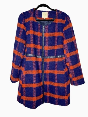 ModCloth Size XL Navy Blue & Orange Tartan A Line Plaid Button Up Coat Womens - Image 1 of 4