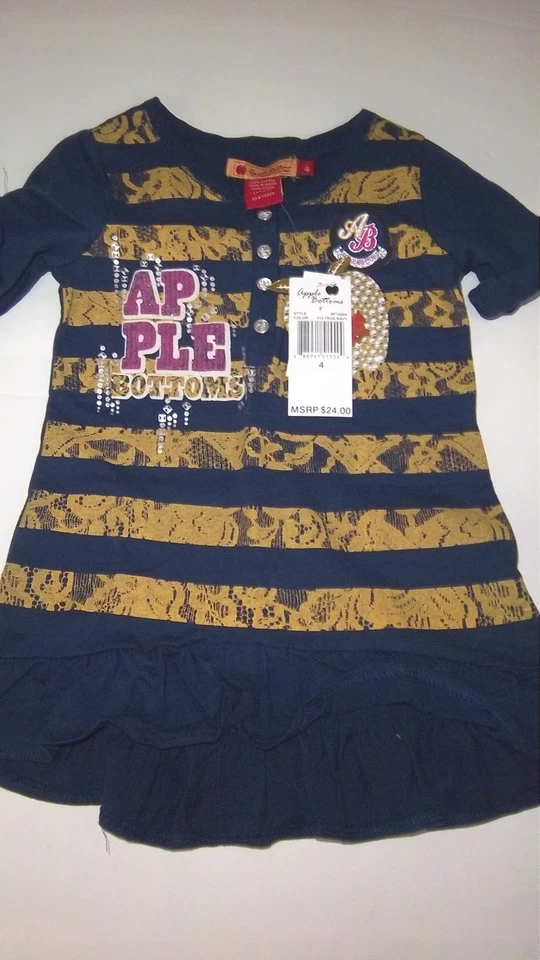 NUEVO CON ETIQUETAS Niñas $24 Pantalones Apple Azul Marino y Dorado Linda Camisa con Volantes Logo Talla 4 Foto 1 de 1