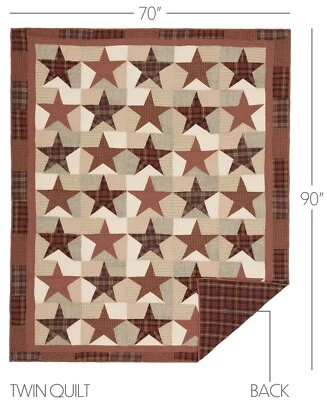 Twin Quilt Handstitched Red & Tan Plaid Cotton Country Patchwork Abilene Star - Image 1 of 4