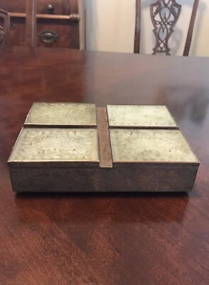Antigua caja de cobre grabada china humidor tallado tapas de jade cuatro secciones Foto 1 de 4