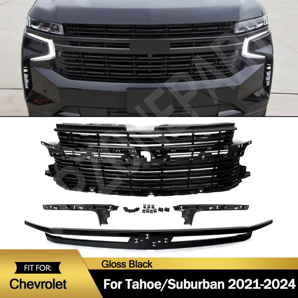 For 2021-2024 Chevrolet Tahoe/Suburban Gloss Black Front Upper Grille Grill Trim - Image 1 of 4