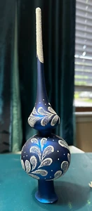 11" Blue & White Glass Christmas Tree Topper Finial Ornament - Picture 1 of 2