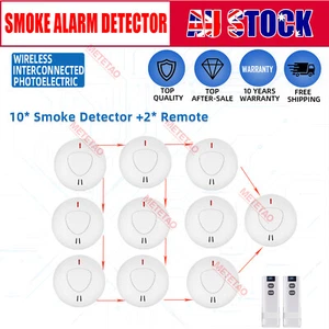 10x Smoke Alarm Wireless Interconnected Photoelectric 10 years battery +2 Remote - Picture 1 of 17