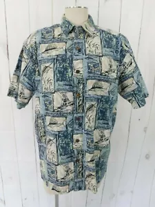 Reel Legends Blue Beige Fish Boat Print Short Sleeve Button Shirt - Size XL - Picture 1 of 5